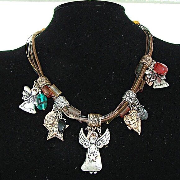 Beaded Silver Copper Rhinestone Leather Rope Necklace Angel Stars Hearts 9" - Picture 1 of 8
